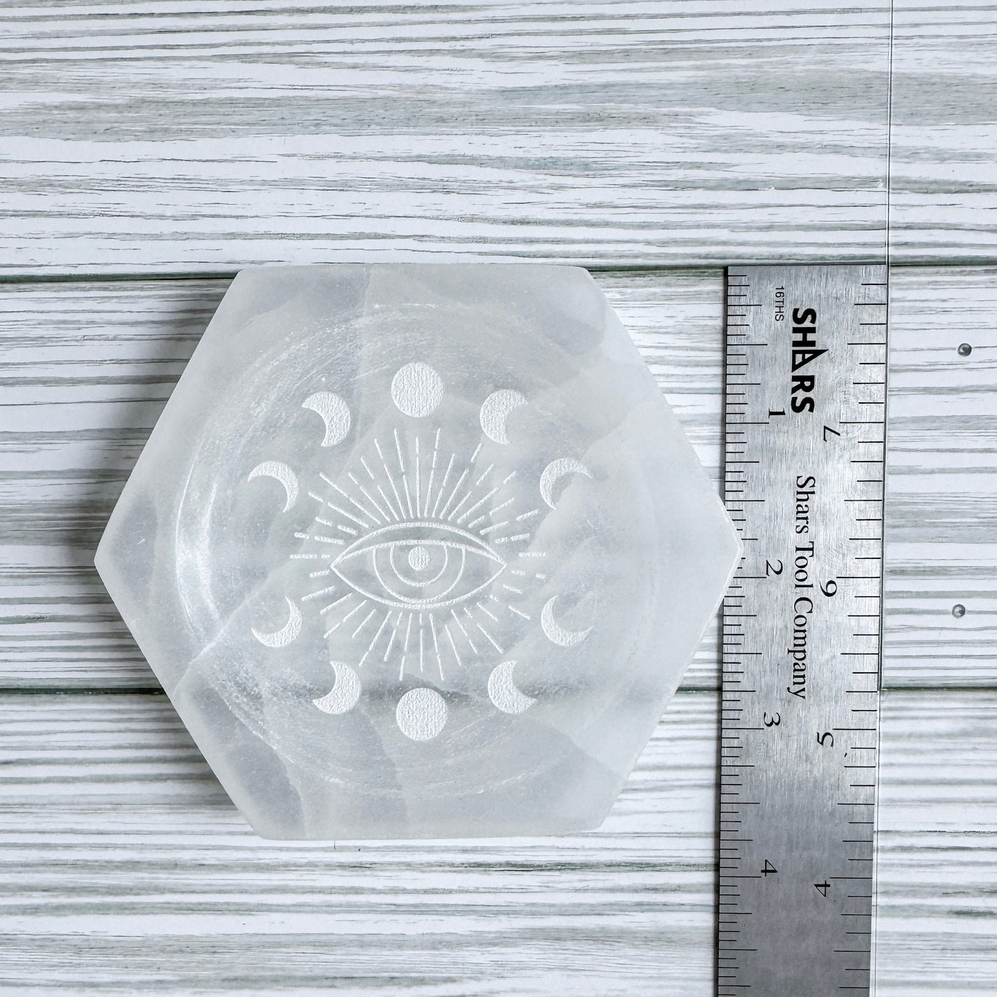 Moon Phase Eye Design Engraved Selenite Dish
