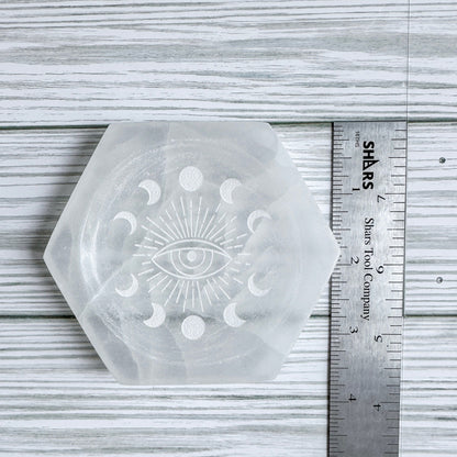 Moon Phase Eye Design Engraved Selenite Dish