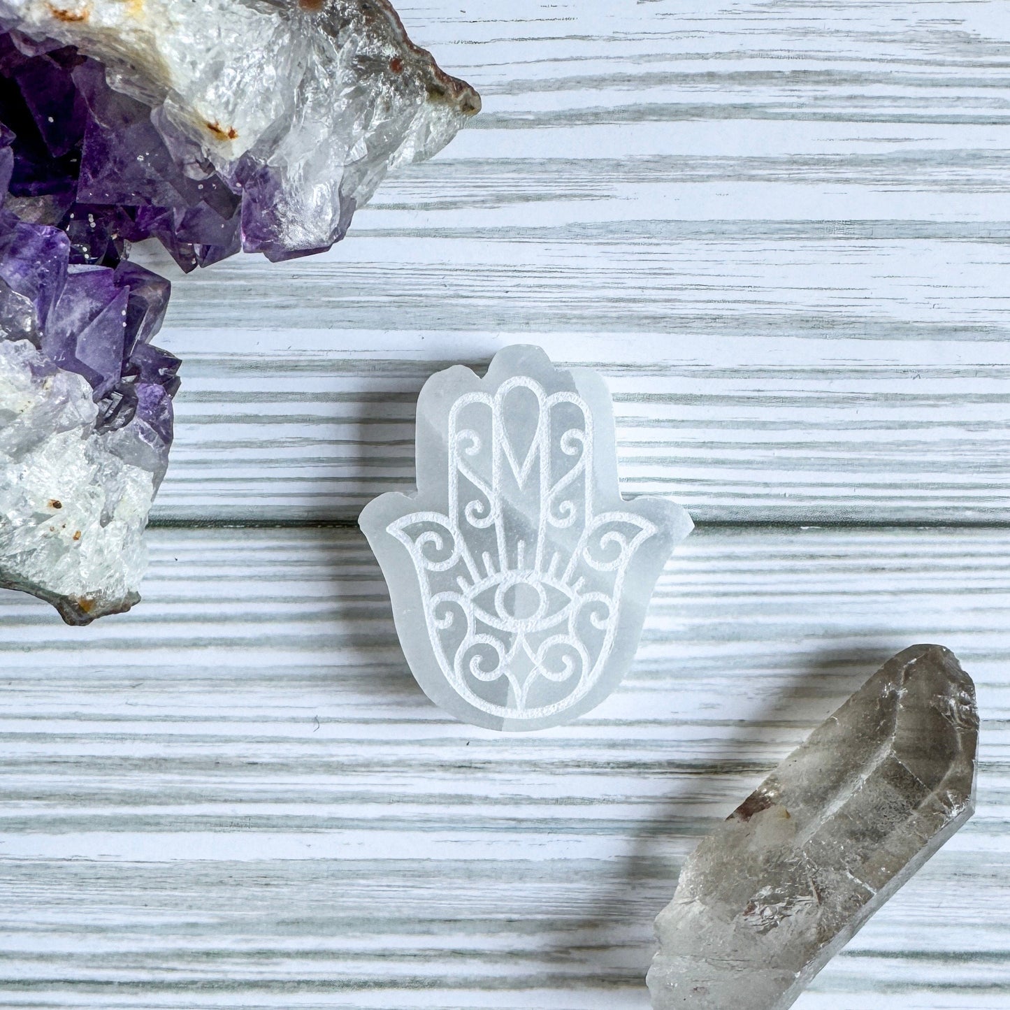 Engraved Selenite Hamsa - 2" Satin Spar Carving
