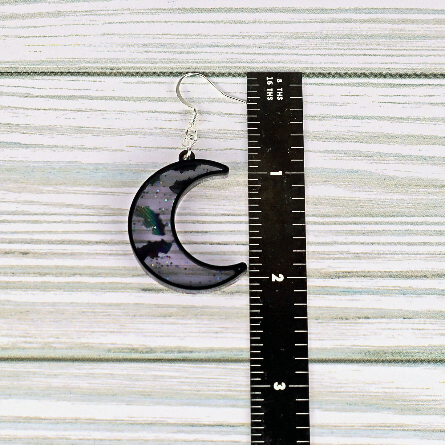 Crescent Moon Dangle Earrings: Glitter Bat Confetti