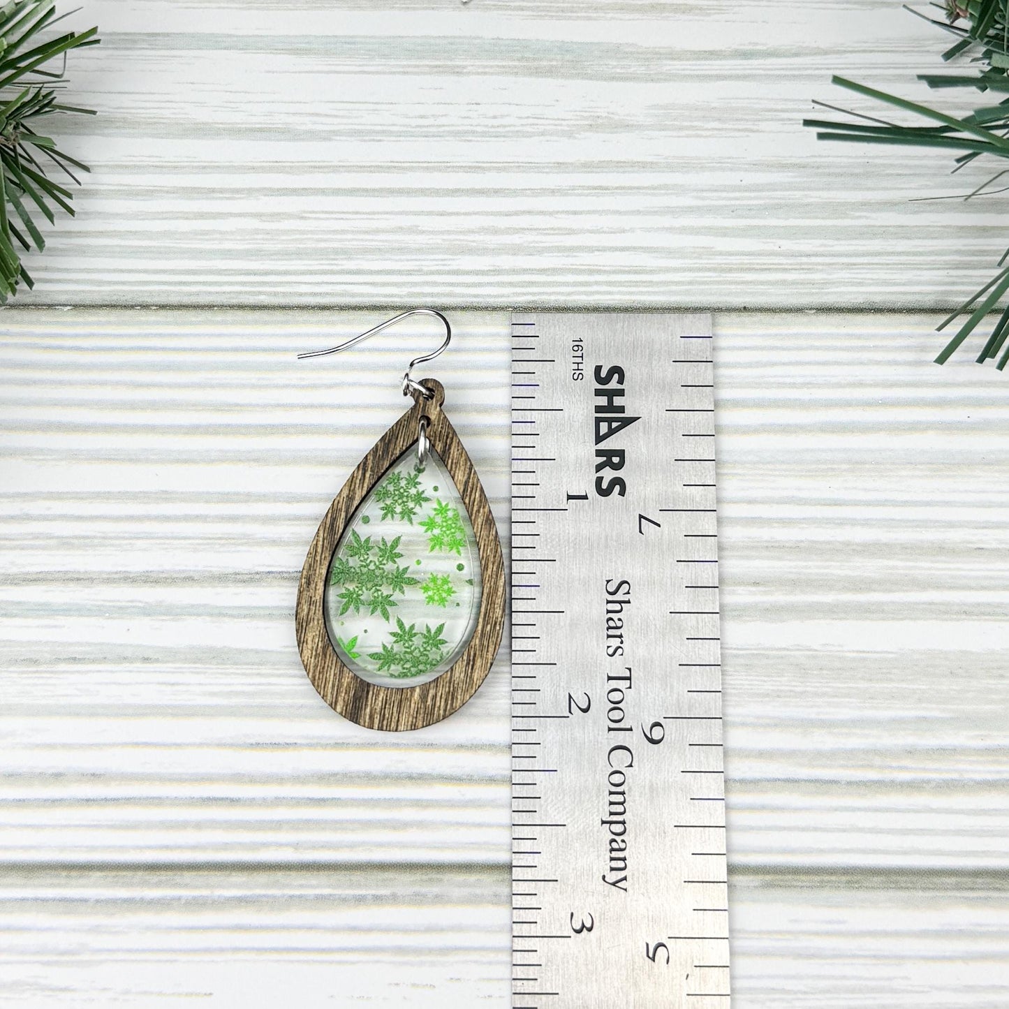 Marijuana Snowflake Print Wood and Acrylic Teardrop Dangle Earrings