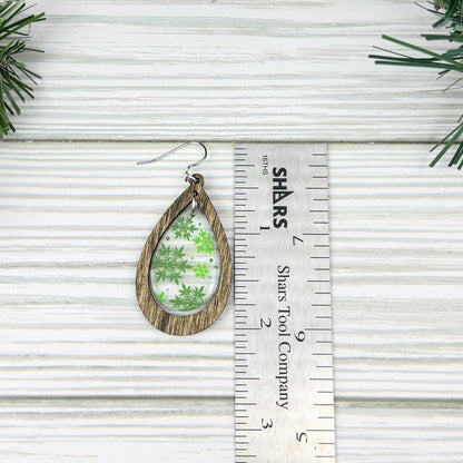 Marijuana Snowflake Print Wood and Acrylic Teardrop Dangle Earrings