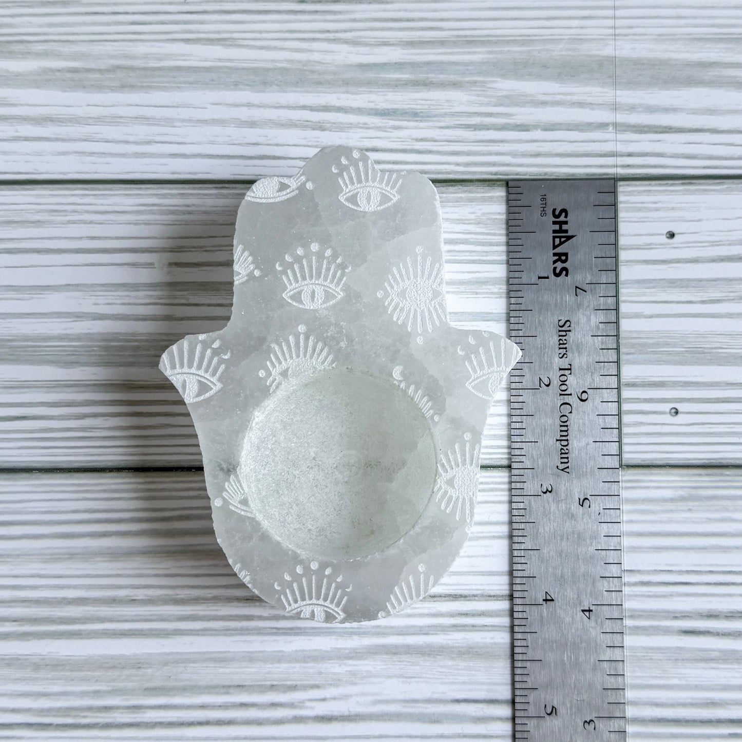 Hamsa Engraved Selenite Candle Holder