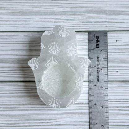 Hamsa Engraved Selenite Candle Holder