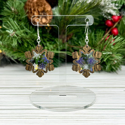 Snowflake Wood Earrings with Acrylic Inlay