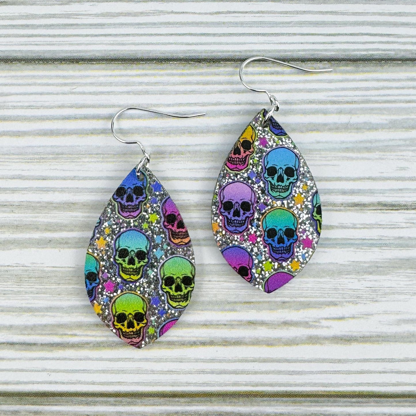 Silver Glitter Rainbow Skull Print Acrylic Earrings