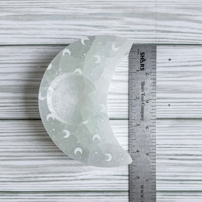 Crescent Moon Engraved Selenite Candle Holder