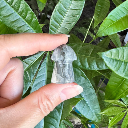 Banded Calcite Mini Mushroom - Gray & White Stone Carvings
