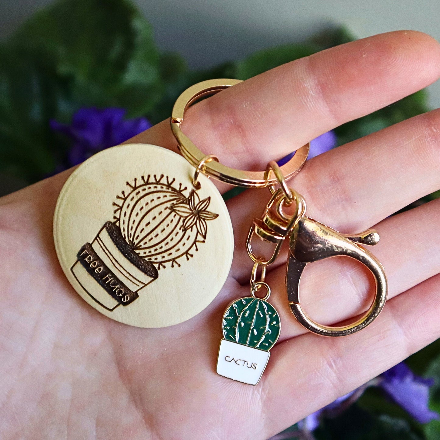 Cactus Keychain: Enamel Charm and Engraved Wood Disc