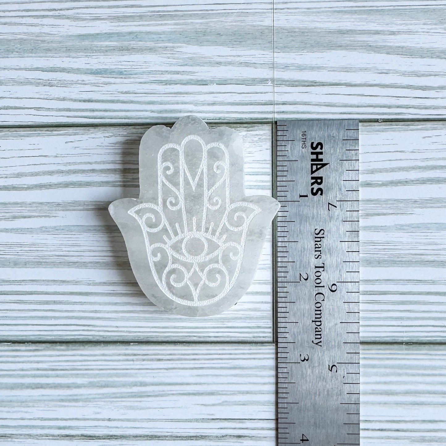 Engraved Selenite Hamsa - 2.5" Satin Spar Carving