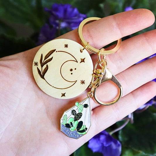 Moon and Plant Keychain: Cactus Terrarium Charm & Engraved Wood Disc