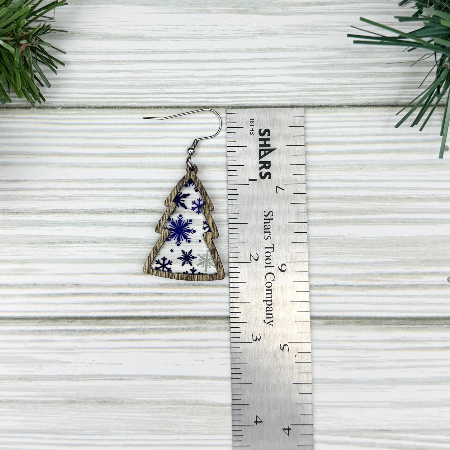 Snowflake Pattern Winter Tree Wood and Acrylic Earrings