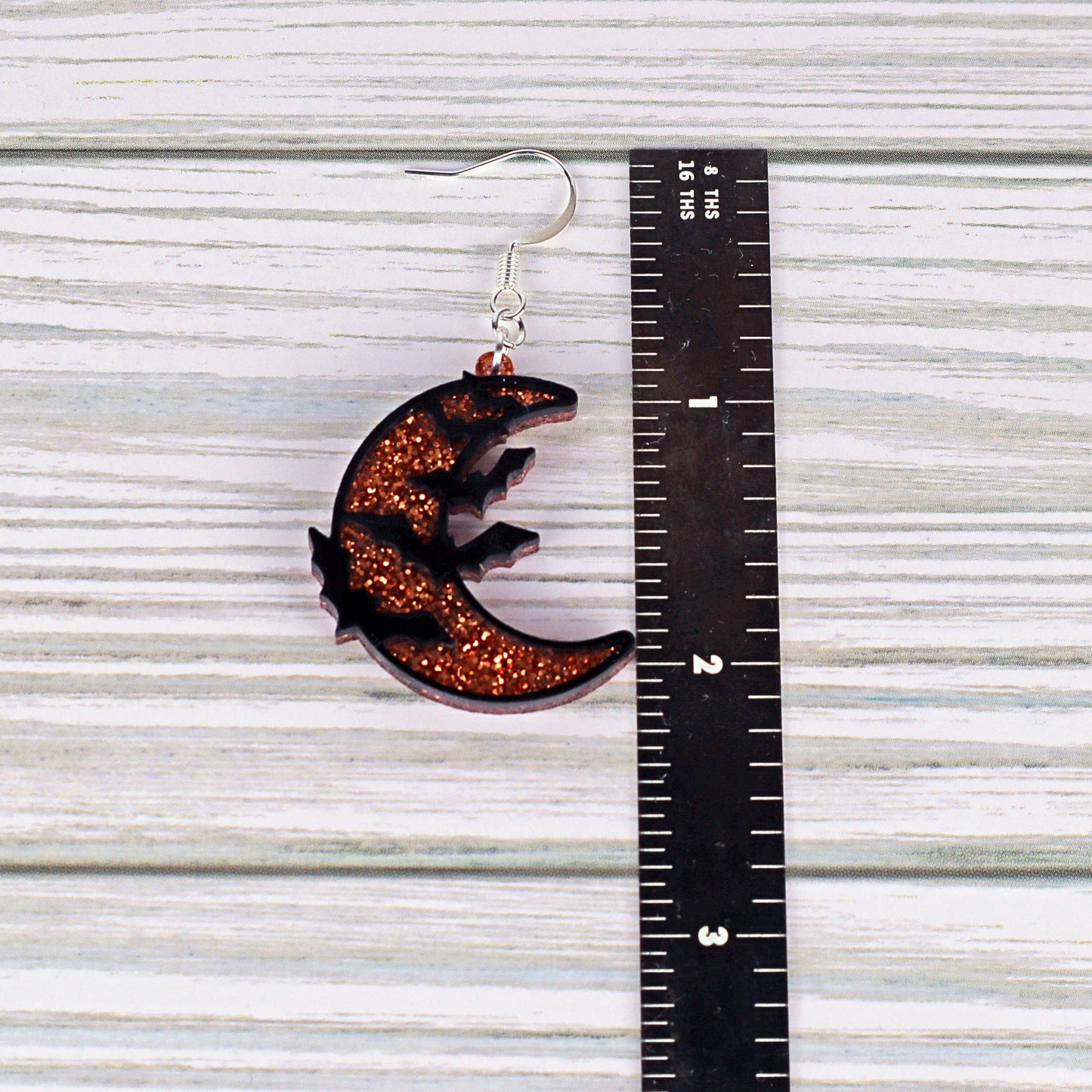 Orange Glitter Crescent Moon Bat Earrings