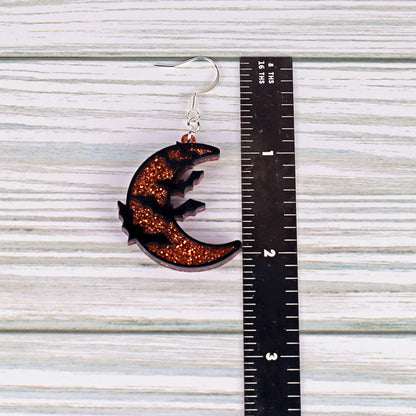 Orange Glitter Crescent Moon Bat Earrings