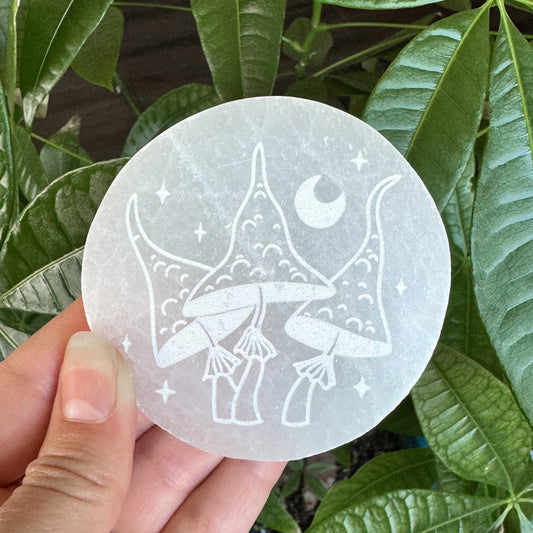 Mystical Mushrooms Etched Selenite Charging Plate
