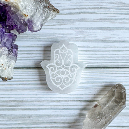Engraved Selenite Hamsa - 2" Satin Spar Carving