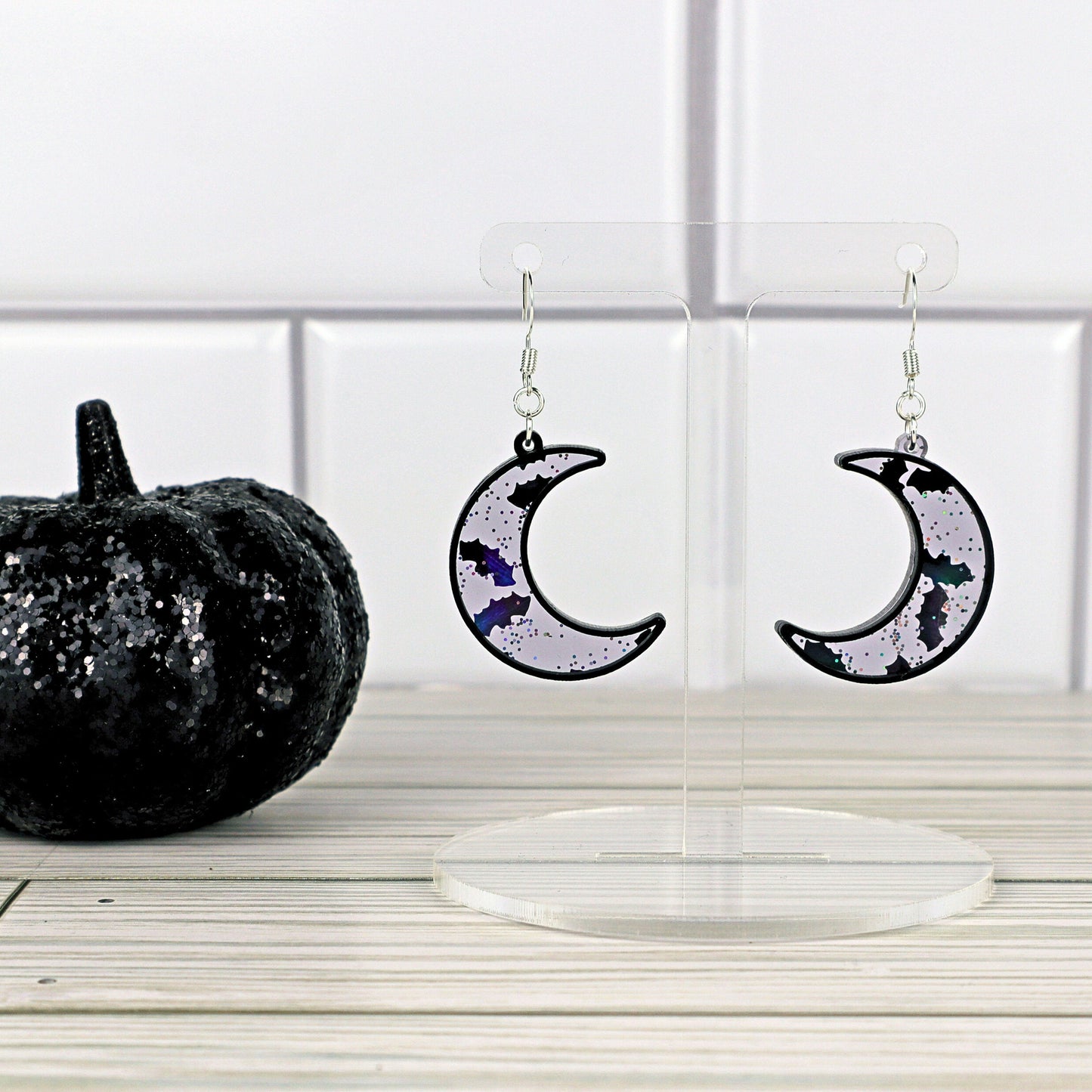 Crescent Moon Dangle Earrings: Glitter Bat Confetti