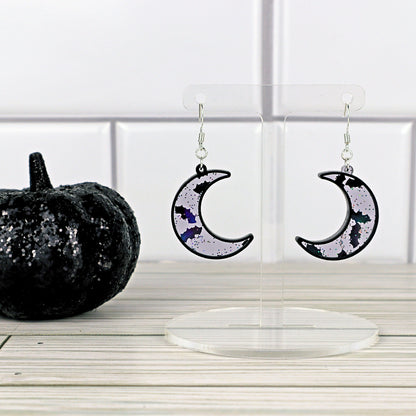 Crescent Moon Dangle Earrings: Glitter Bat Confetti