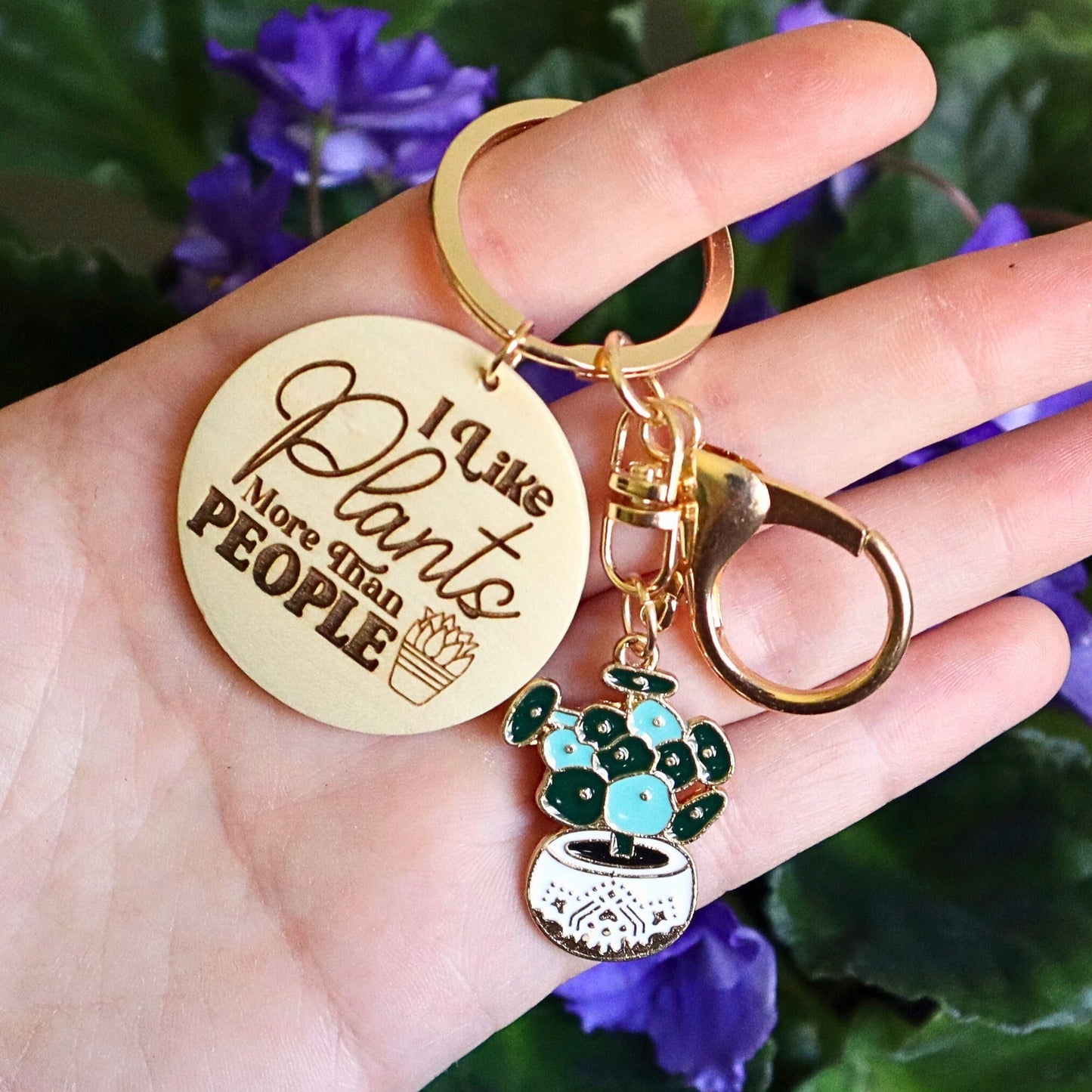 Introvert Plant Lover Keychain: Enamel Pilea Charm & Engraved Wood Disc