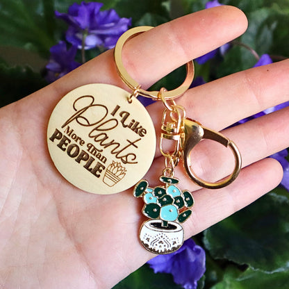Introvert Plant Lover Keychain: Enamel Pilea Charm & Engraved Wood Disc