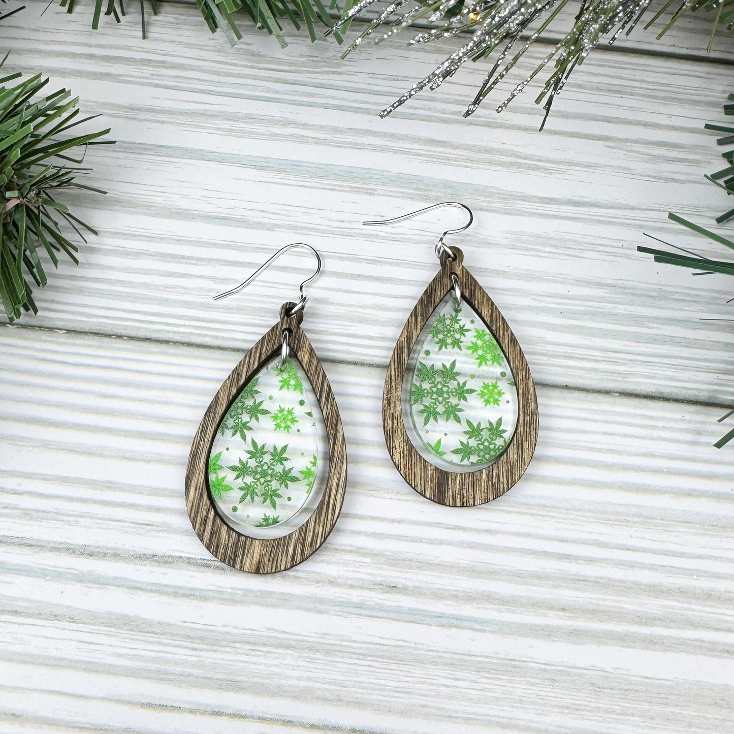 Marijuana Snowflake Print Wood and Acrylic Teardrop Dangle Earrings