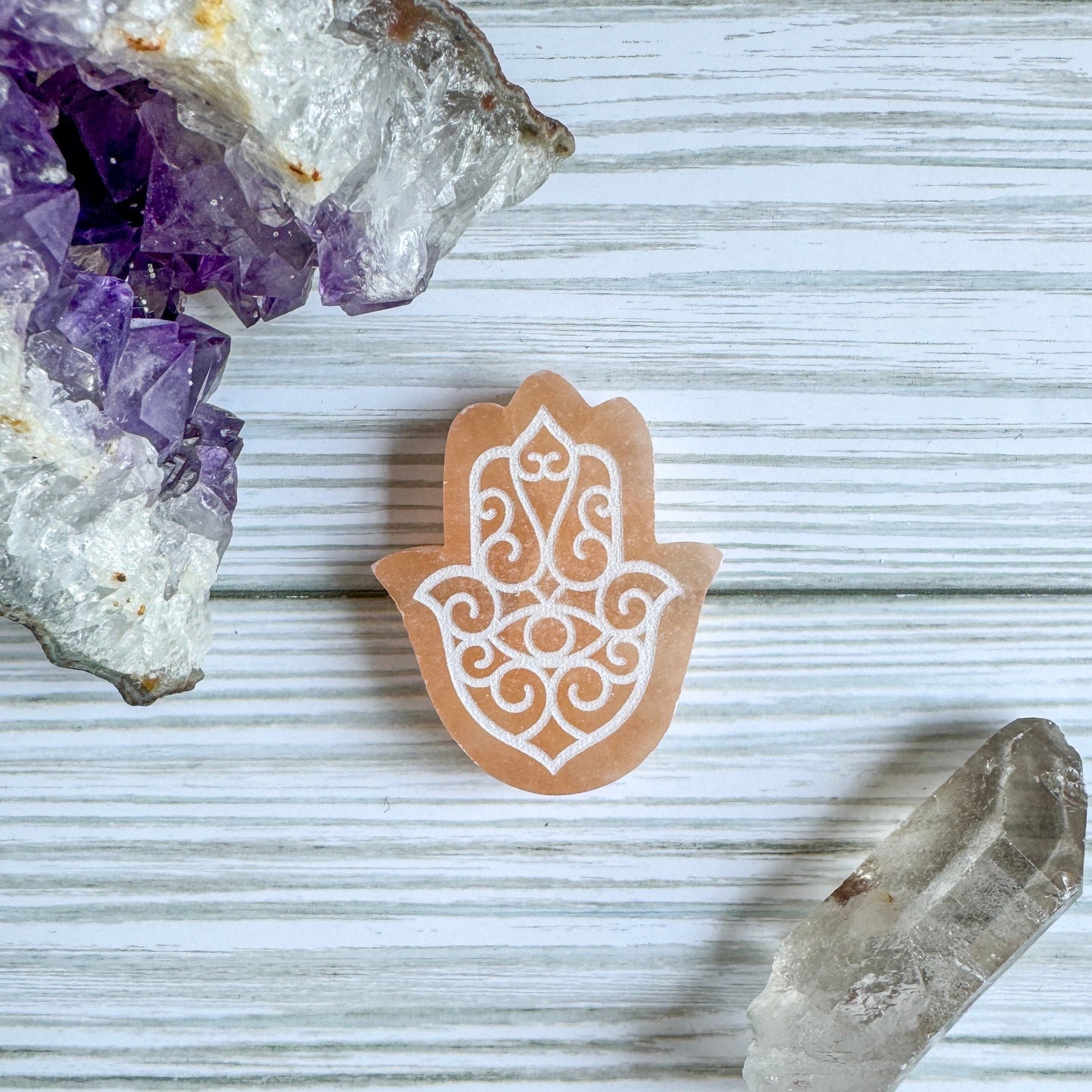 Engraved Selenite Hamsa - 2" Satin Spar Carving