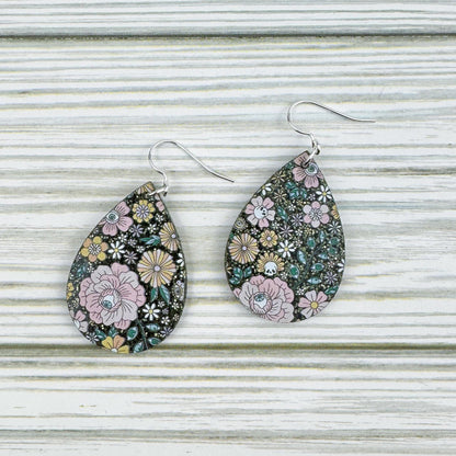 Glittery Floral Eyeball Print Acrylic Teardrop Earrings
