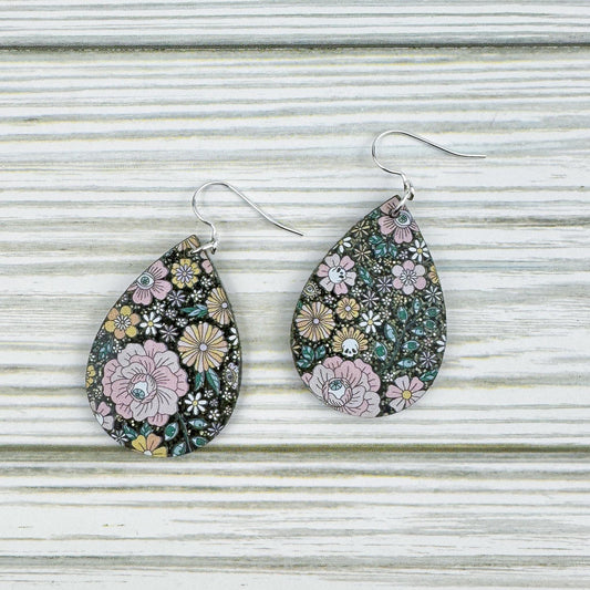 Glittery Floral Eyeball Print Acrylic Teardrop Earrings