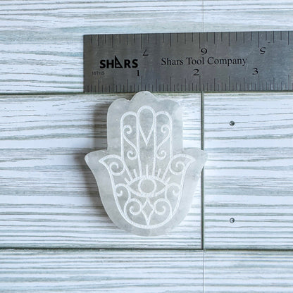Engraved Selenite Hamsa - 2.5" Satin Spar Carving