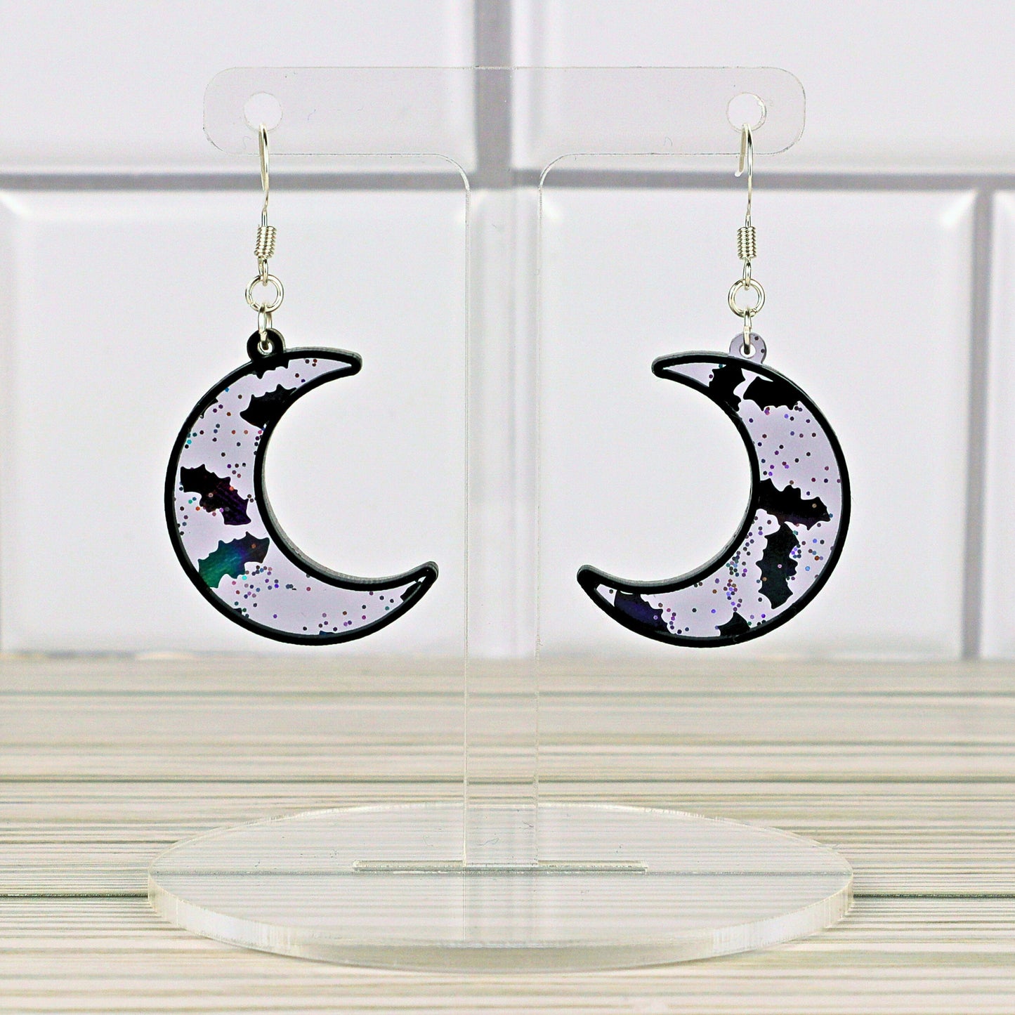 Crescent Moon Dangle Earrings: Glitter Bat Confetti