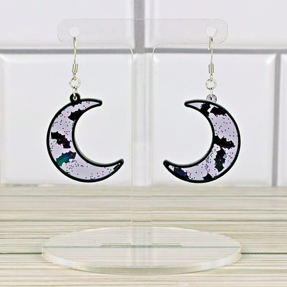 Crescent Moon Dangle Earrings: Glitter Bat Confetti