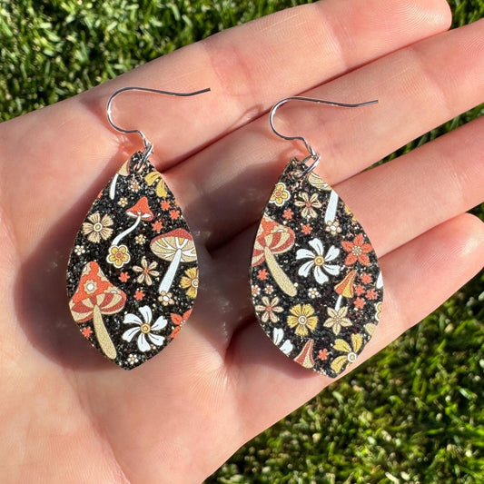 Black Glitter Mushroom Print Teardrop Acrylic Earrings