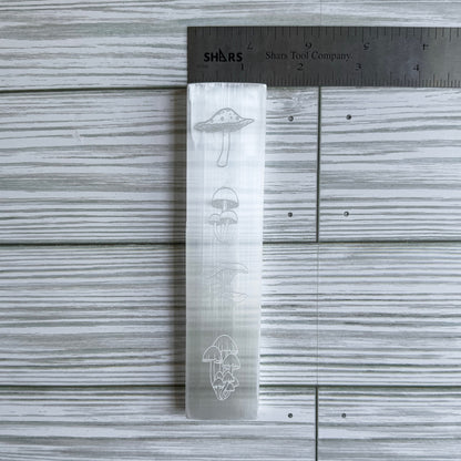 Mushroom Engraved Selenite Charging Plate - 6" Satin Spar Bar