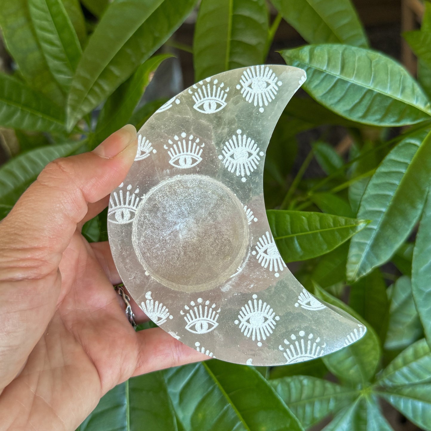 Crescent Moon Engraved Selenite Candle Holder