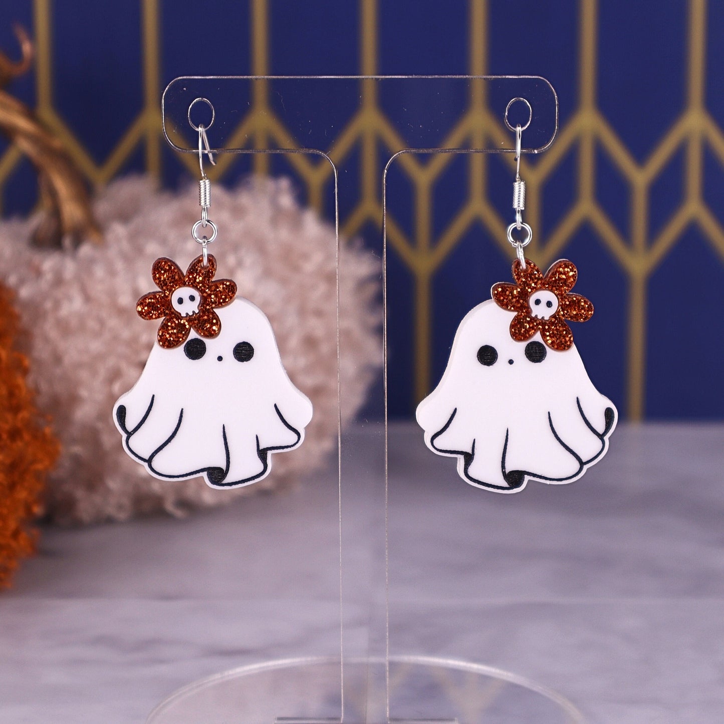 Ghosts with Glitter Flower Acrylic Earrings