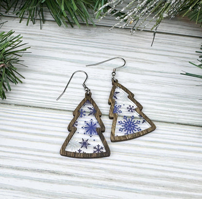 Snowflake Pattern Winter Tree Wood and Acrylic Earrings
