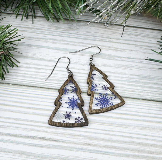 Snowflake Pattern Winter Tree Wood and Acrylic Earrings