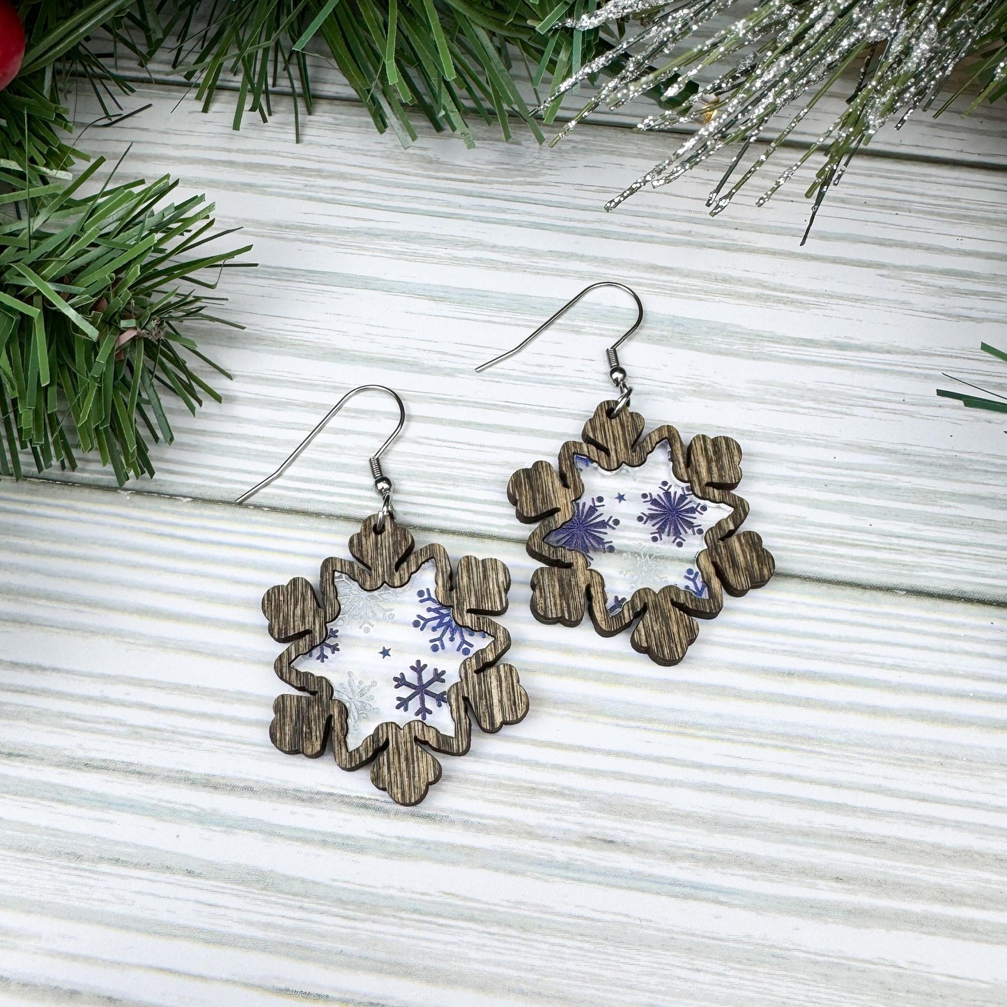 Snowflake Wood Earrings with Acrylic Inlay
