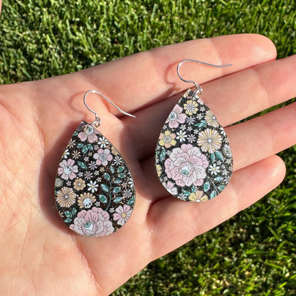 Glittery Floral Eyeball Print Acrylic Teardrop Earrings