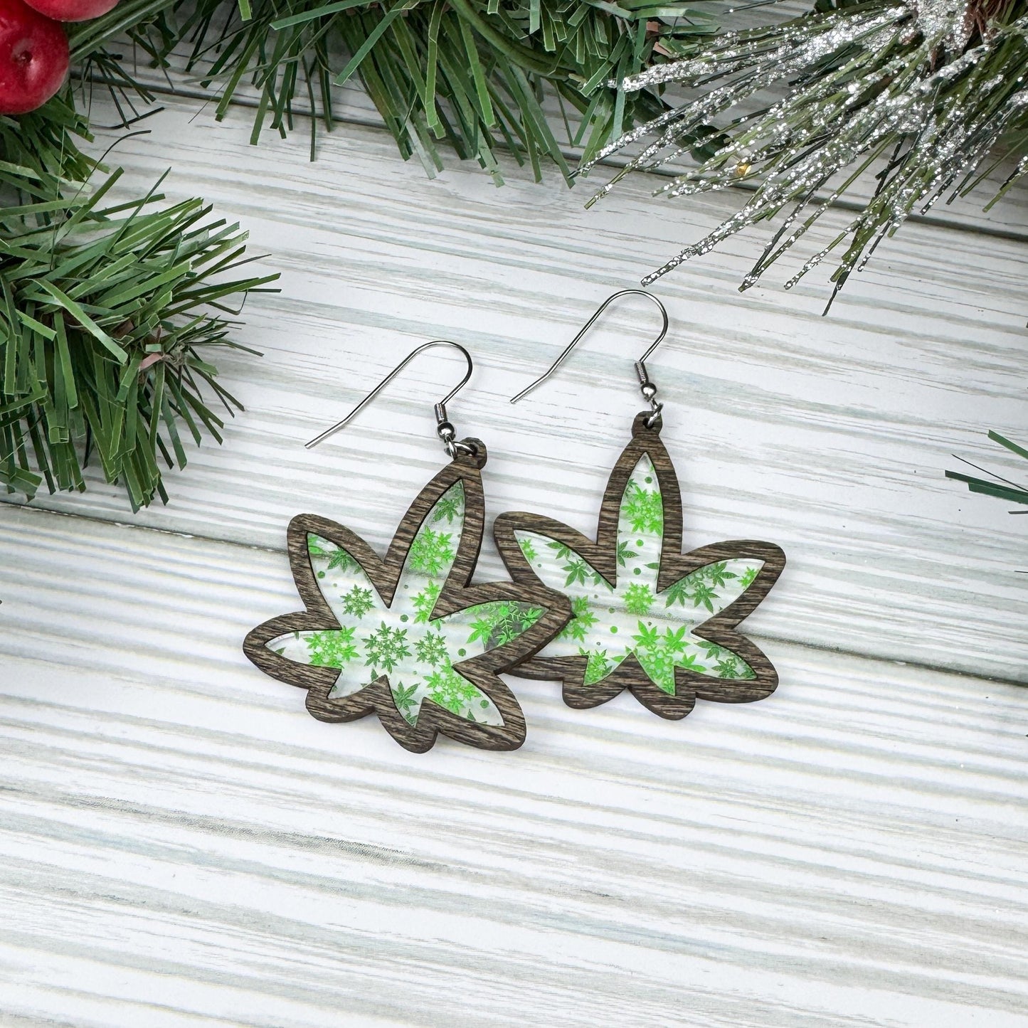 Marijuana Leaf Snowflake Print Acrylic Inlay Earrings