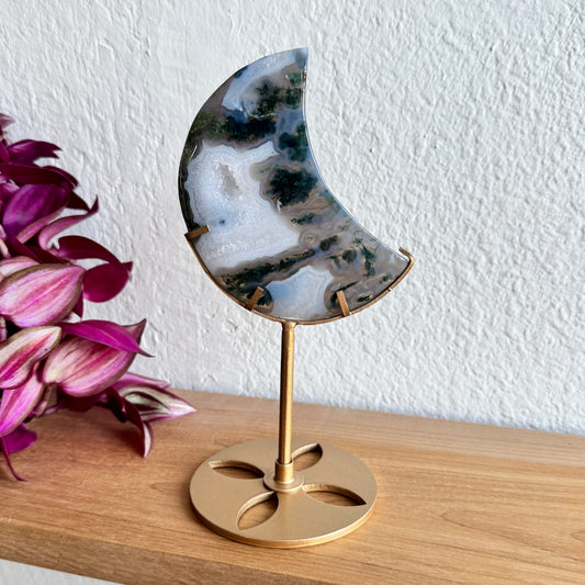 Moss Agate Crescent Moon on Gold Stand | Natural Stone Decor | Choose Your Exact Piece