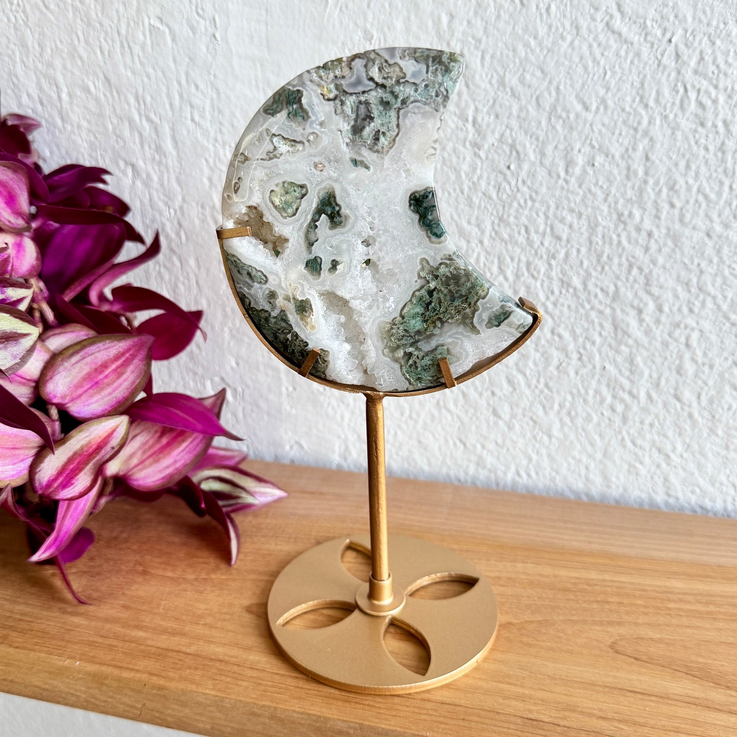 Moss Agate Crescent Moon on Gold Stand | Natural Stone Decor | Choose Your Exact Piece
