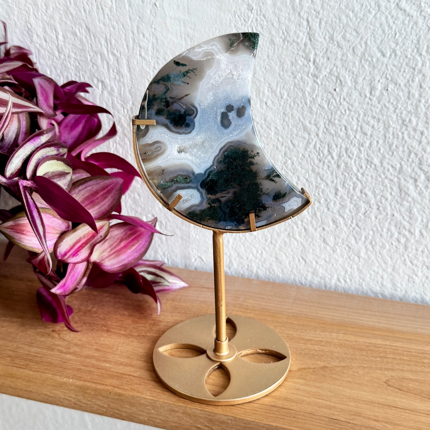Moss Agate Crescent Moon on Gold Stand | Natural Stone Decor | Choose Your Exact Piece