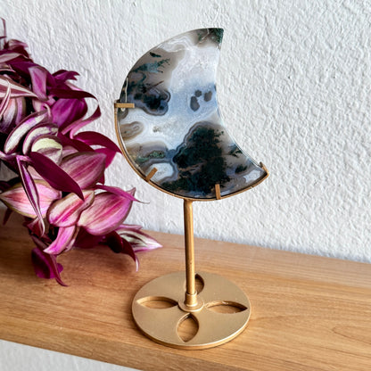 Moss Agate Crescent Moon on Gold Stand | Natural Stone Decor | Choose Your Exact Piece
