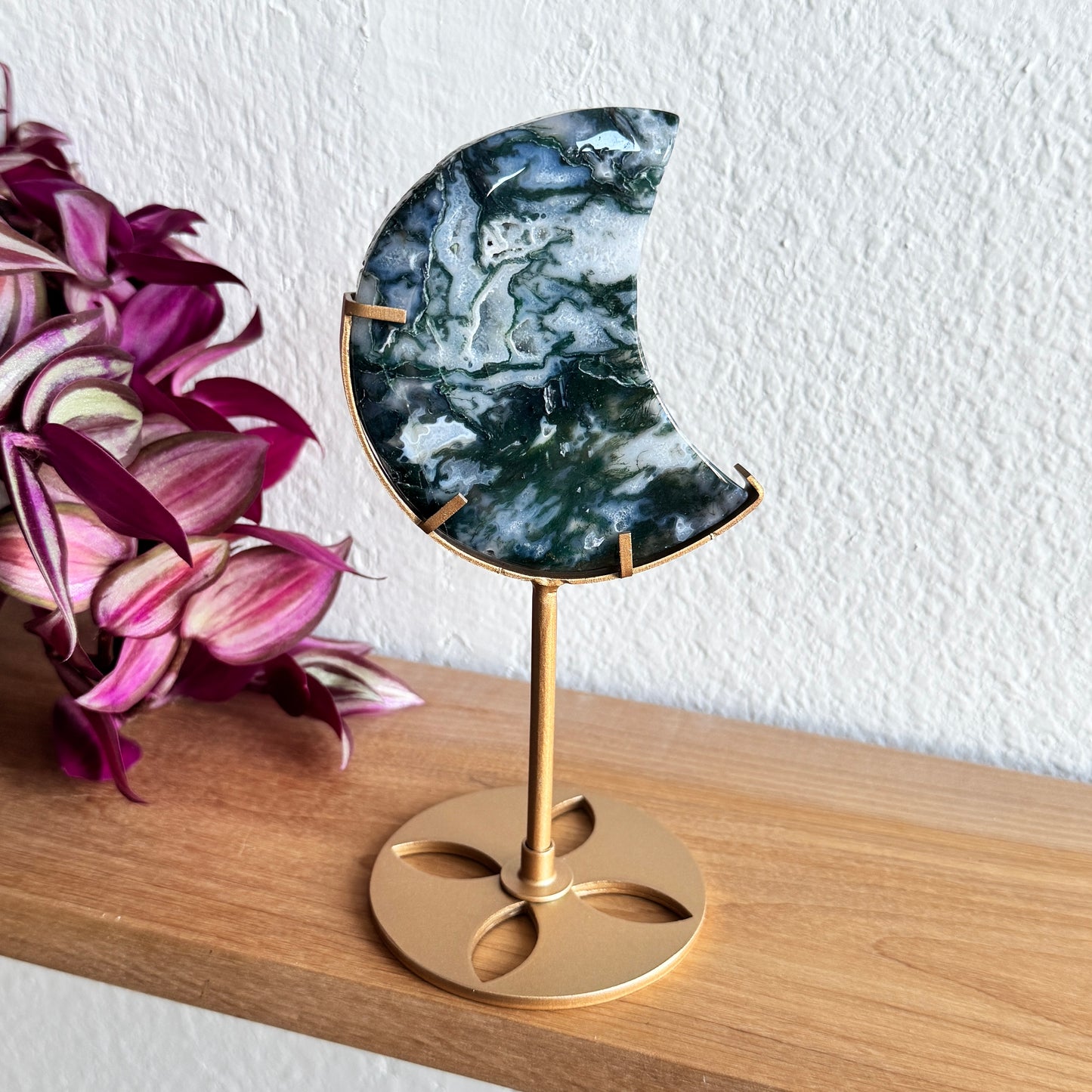 Moss Agate Crescent Moon on Gold Stand | Natural Stone Decor | Choose Your Exact Piece