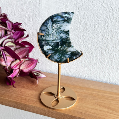 Moss Agate Crescent Moon on Gold Stand | Natural Stone Decor | Choose Your Exact Piece