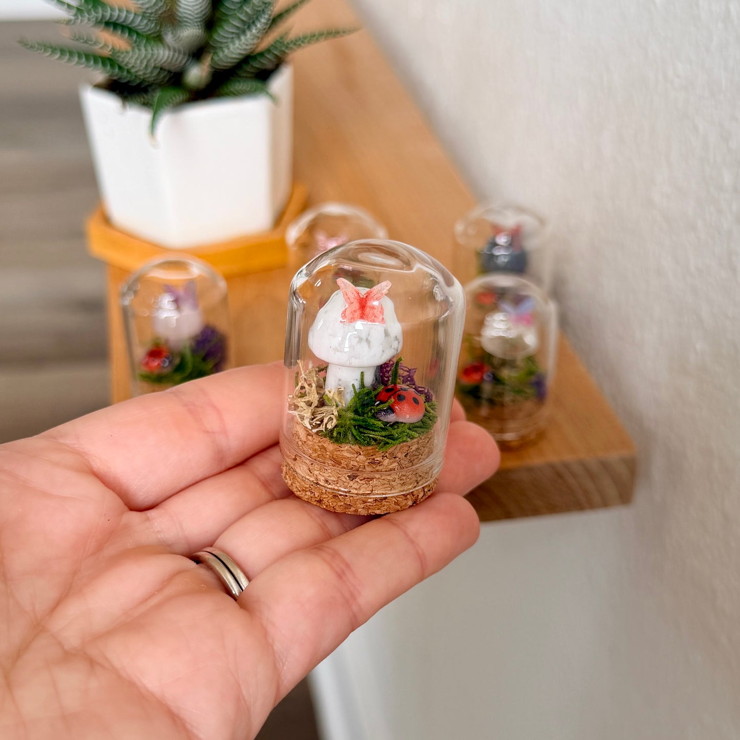 Mini Crystal Mushroom & Ladybug Terrarium | Handmade Moss Terrarium | Cottagecore Decor | Fairy Garden Display | Choose Your Crystal