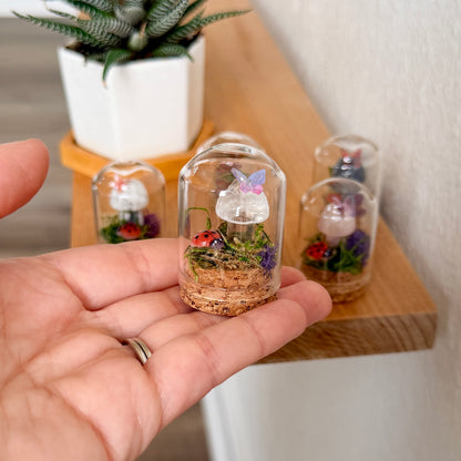 Mini Crystal Mushroom & Ladybug Terrarium | Handmade Moss Terrarium | Cottagecore Decor | Fairy Garden Display | Choose Your Crystal