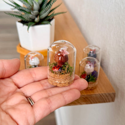 Mini Crystal Mushroom & Ladybug Terrarium | Handmade Moss Terrarium | Cottagecore Decor | Fairy Garden Display | Choose Your Crystal