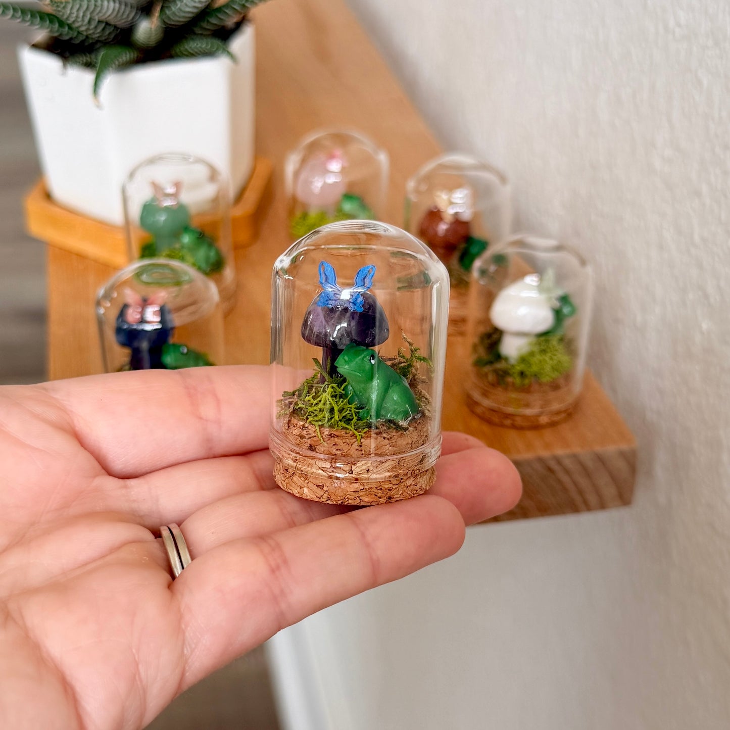 Mini Crystal Mushroom & Frog Terrarium | Handmade Moss Terrarium | Cottagecore Decor | Fairy Garden Display | Choose Your Crystal